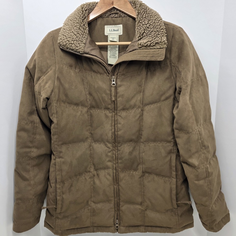 L.L. Bean Goose Down Jacket SMALL Brown Faux Suede Sherpa Collar Puffer Coat